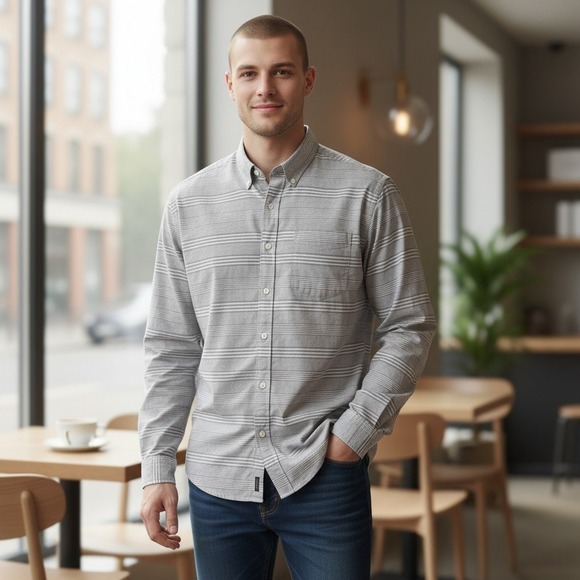 J.Crew Tops - J Crew Shirt Mens Large Gray Striped Long Sleeve Button Down 100% Cotton Casual